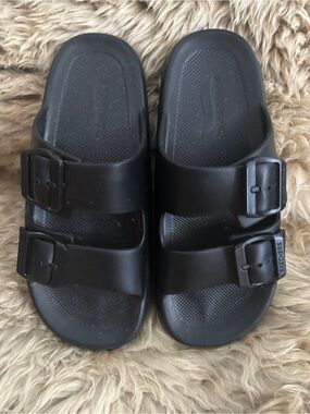 Skechers Matte Black Double-Buckle Slide Sandals